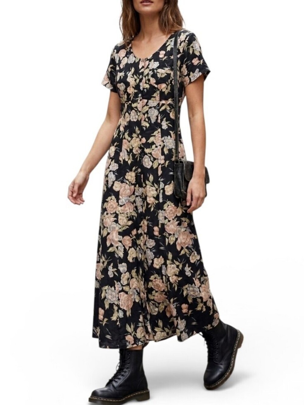 Vintage Molly Malloy Floral Button Front Maxi Dress Black Multi 14